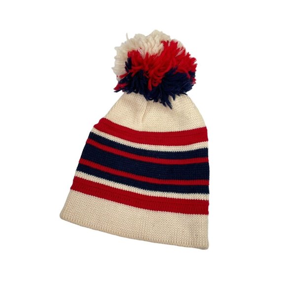 Vintage Ossi Striped Ski Snow Beanie 100% Worsted Wool Warm Knit- Pom Pom - Picture 2 of 5